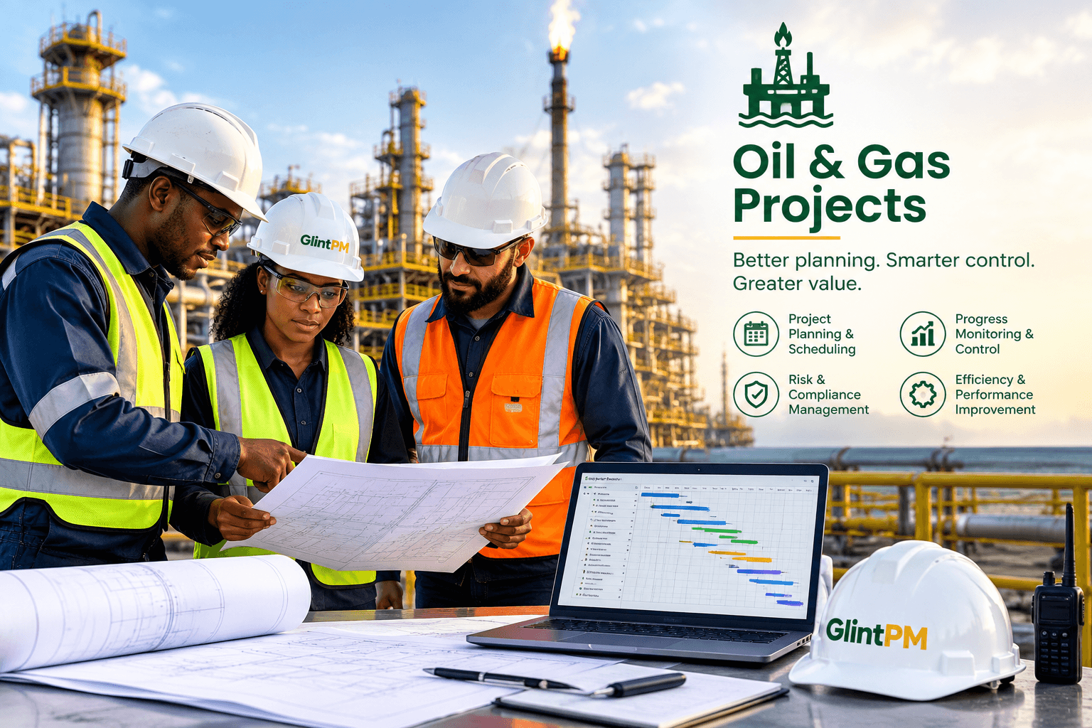 Oil & gas project team reviewing plans at a refinery site