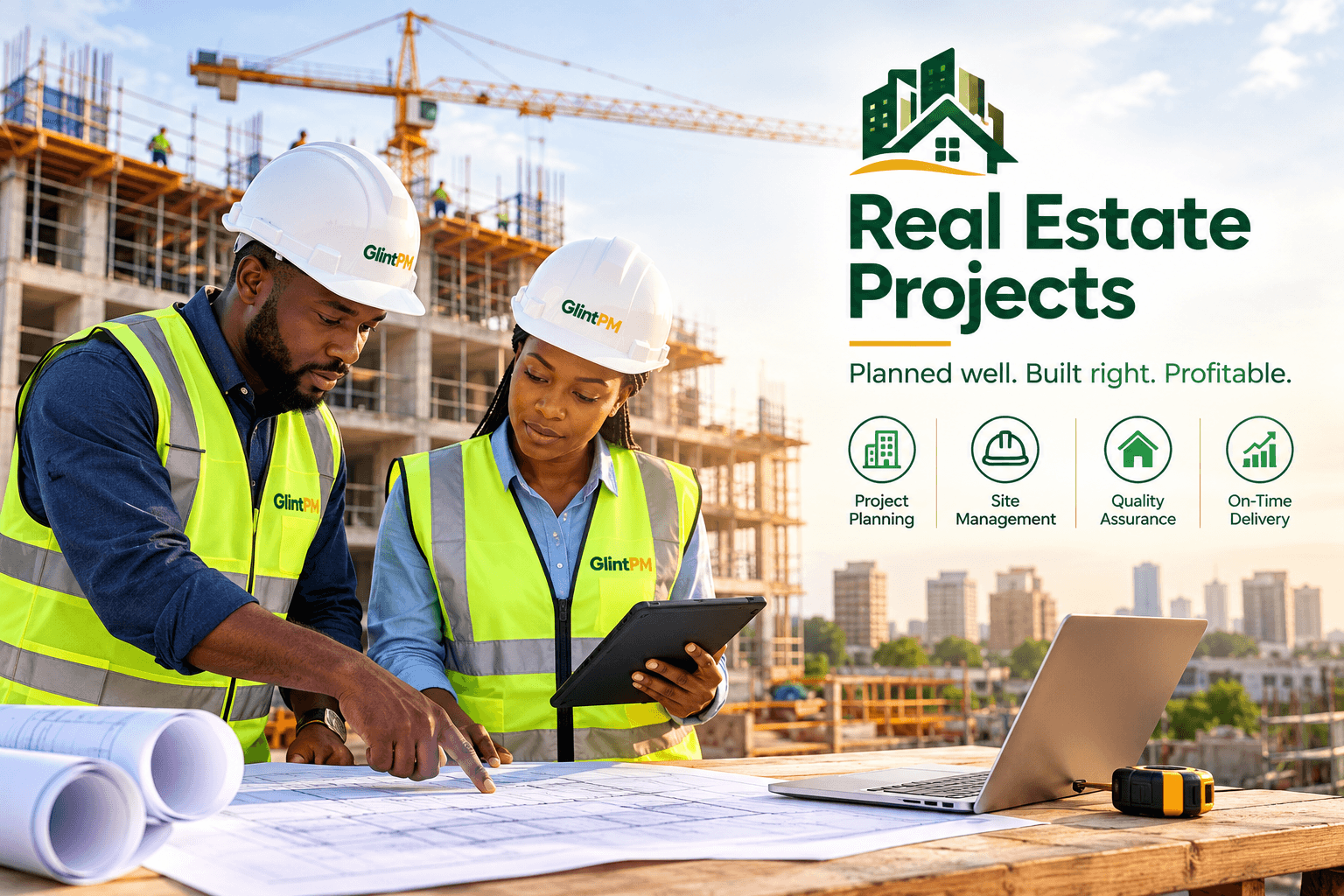 Real estate project team reviewing plans at a construction site