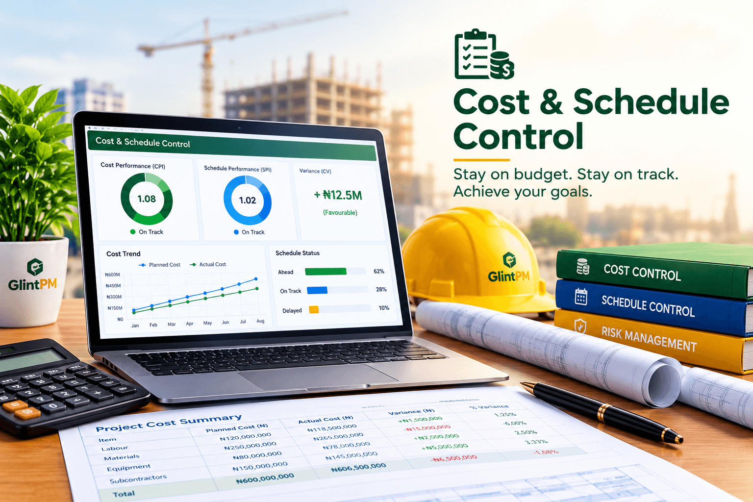 Cost and schedule control dashboard showing budget, variance and schedule status