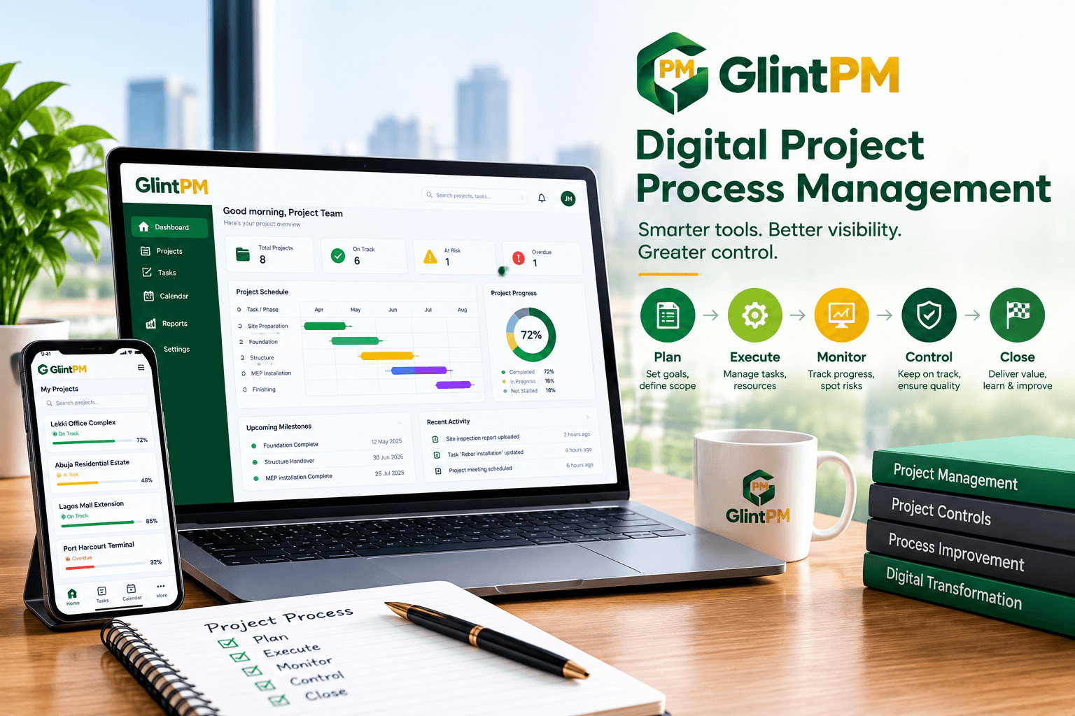 The GlintPM platform showing a project dashboard with schedule, progress and status tracking