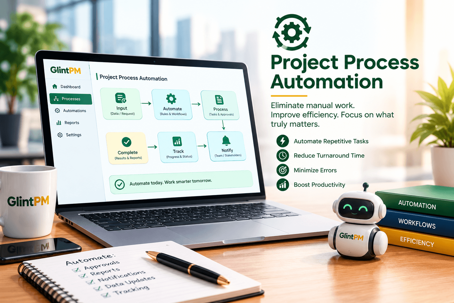 Project process automation workflow shown on a laptop screen