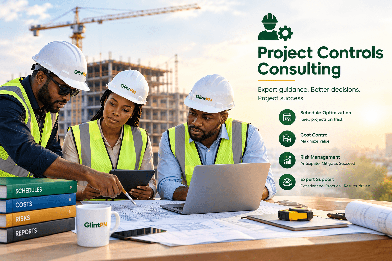 Project controls consultants reviewing schedules and cost reports on site